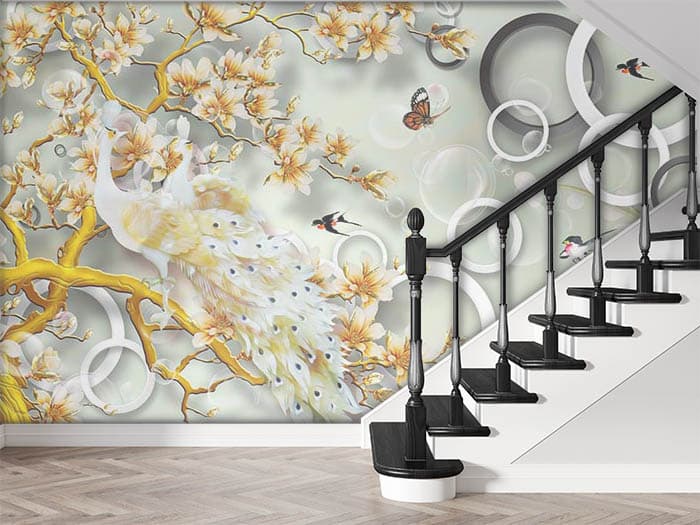 Royal White Peacock Decorative Art Design Wallpaper shown in a room