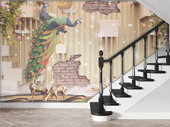 Deers and Peacocks Nature Wall Mural Wallpaper shown in a room