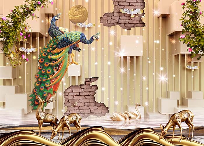 Deers and Peacocks Nature Wall Mural Wallpaper pattern detail
