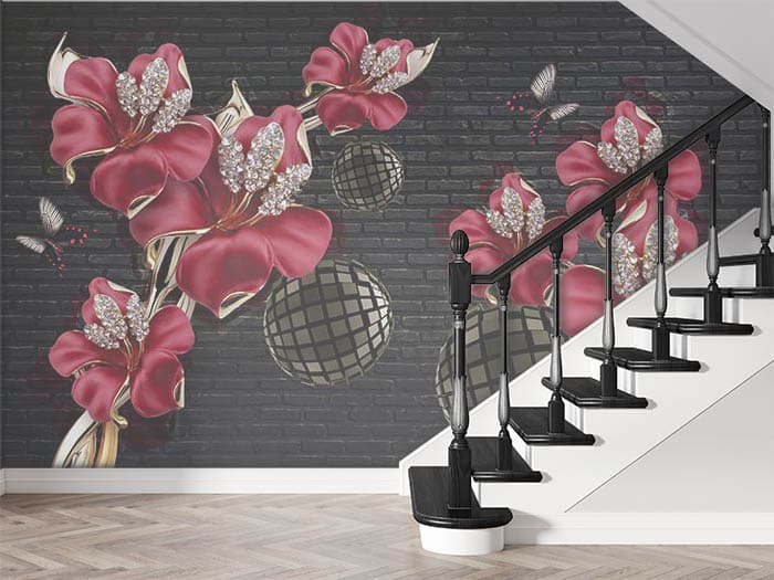 Red petals and Disco balls shown in a room