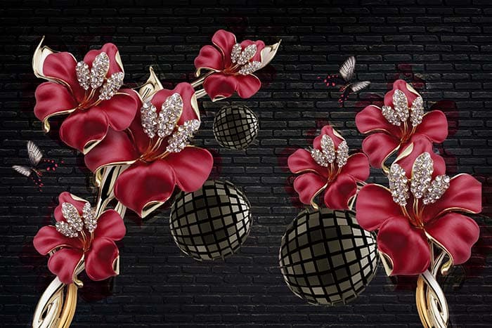 Red petals and Disco balls pattern detail