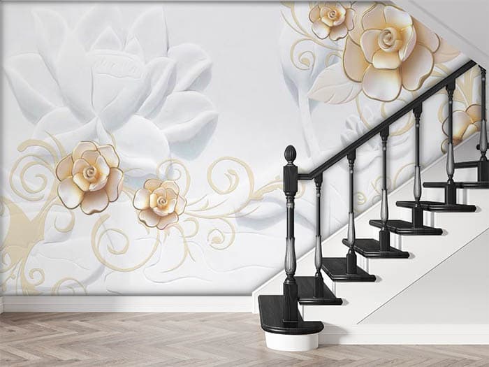 White and Golden Lotus Wallpaper for Wall shown in a room