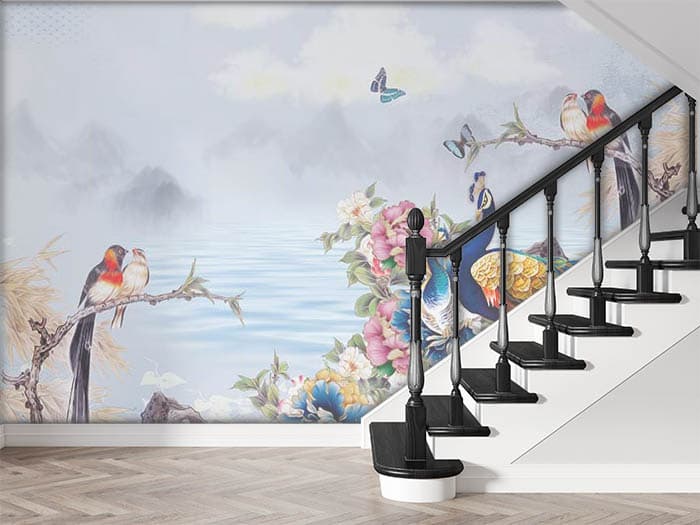 Birds near a Lake shown in a room
