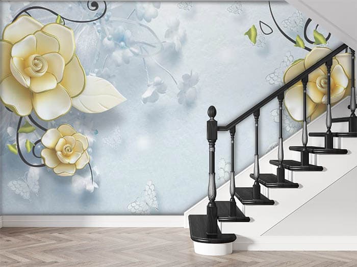 Yellow Ranunculus Blooming Floral Wall Mural Wallpaper shown in a room