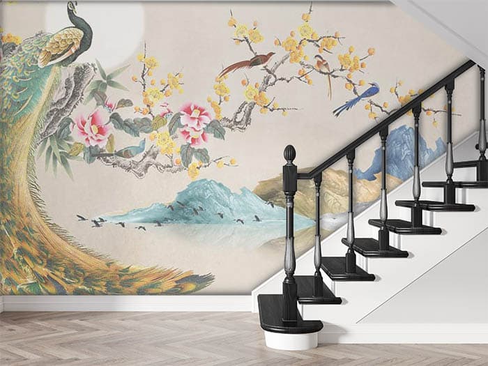 Royal Peacock Aesthetic Wall Wallpaper shown in a room