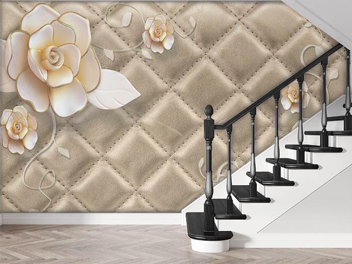 Elegant Floral Beige Buttercups Wall Art Wallpaper shown in a room