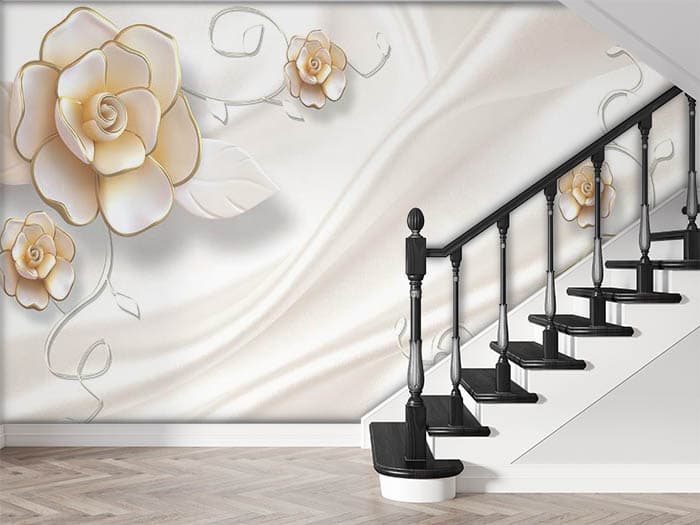 Satin Buttercups Elegant Floral Garden Wallpaper shown in a room