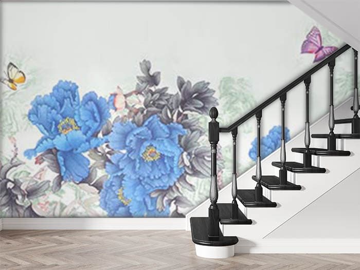 Blue Flowers and Butterflies Wall Mural Wallpaper shown in a room