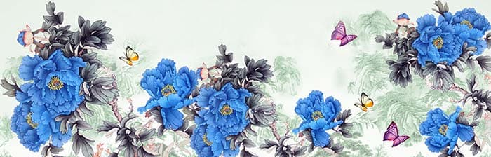 Blue Flowers and Butterflies Wall Mural Wallpaper pattern detail