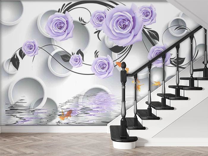 Lilac Roses and 3D White Rings Wallpaper for Wall shown in a room