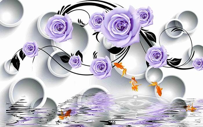 Lilac Roses and 3D White Rings Wallpaper for Wall pattern detail