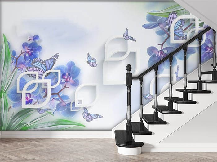 Dreamy Blue Petals Art Wall Decor Wallpaper shown in a room