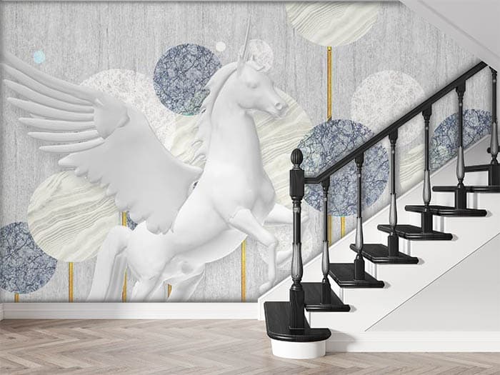 Dreamy White Unicorn Kids Room Wallpaper shown in a room