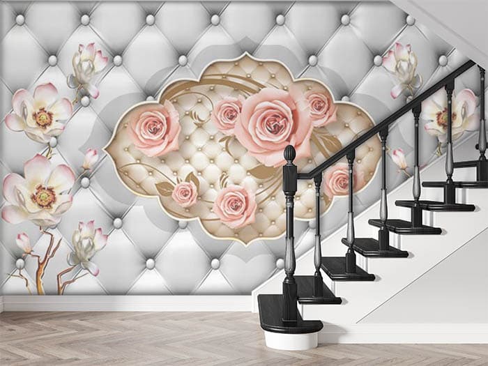 Peach Roses in a Frame Wallpaper for Wall shown in a room