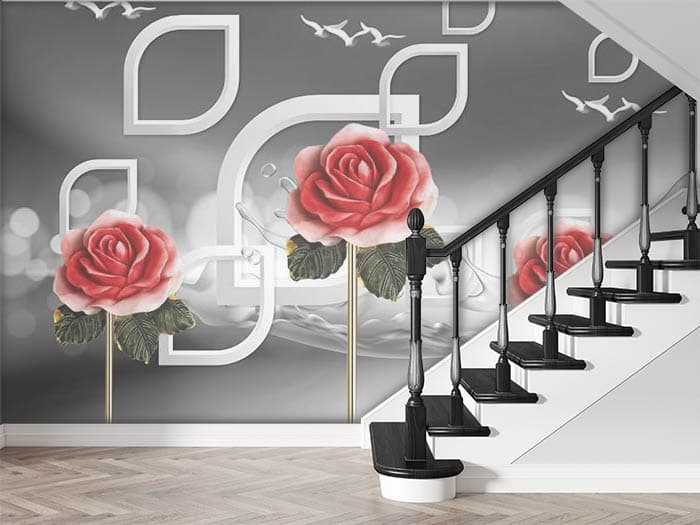 3d White Birds and Pink Roses Wallpaper for Wall shown in a room