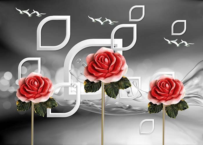 3d White Birds and Pink Roses Wallpaper for Wall pattern detail