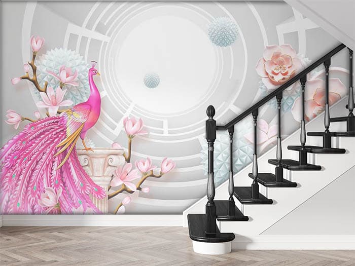 3D Effect Pink Peacock and Flowers Wallpaper shown in a room