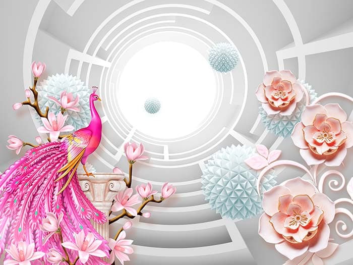 3D Effect Pink Peacock and Flowers Wallpaper pattern detail
