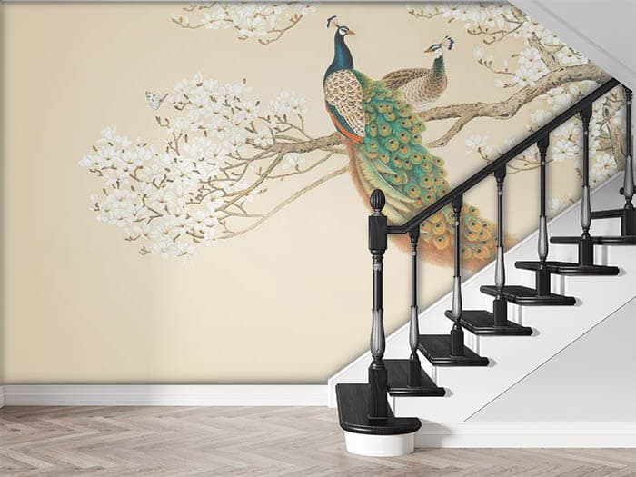 Majestic Peacocks on a Branch Nature Art Wallpaper shown in a room