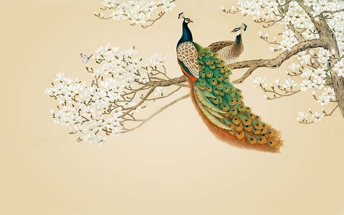 Majestic Peacocks on a Branch Nature Art Wallpaper pattern detail