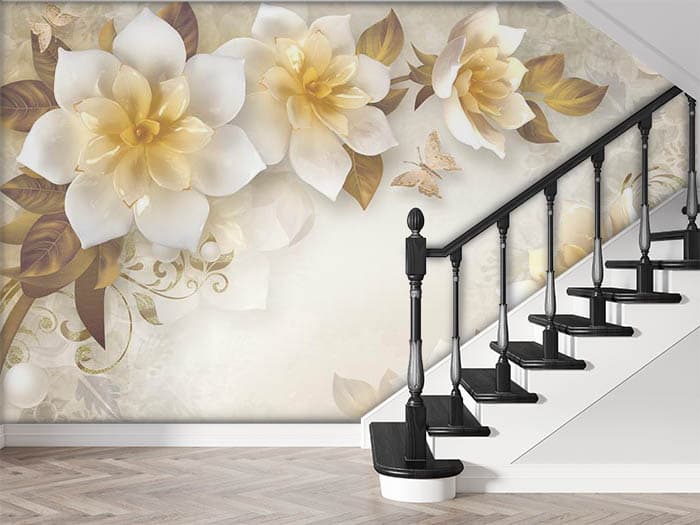 Yellow Blooms Floral Wallpaper shown in a room