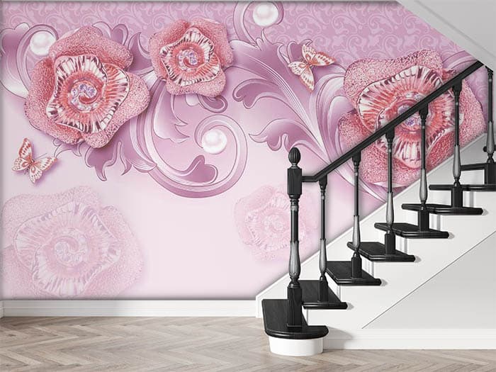 Pink Pearls and Roses Pattern Wallpaper for Wall shown in a room