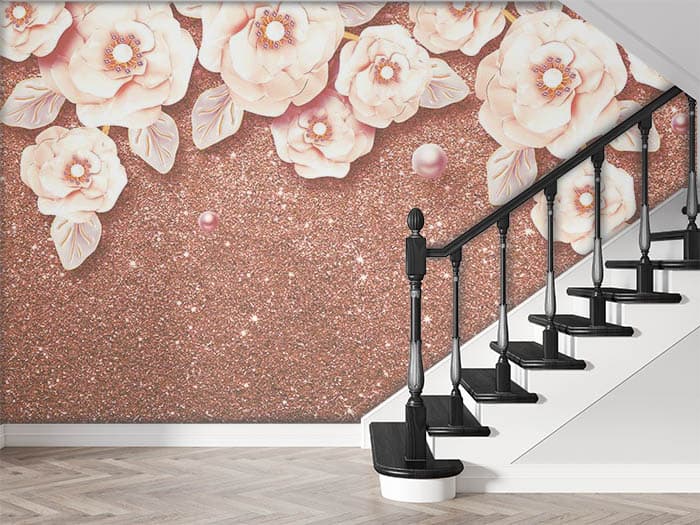 Elegant 3D Blossom and Glitter Wallpaper Design shown in a room