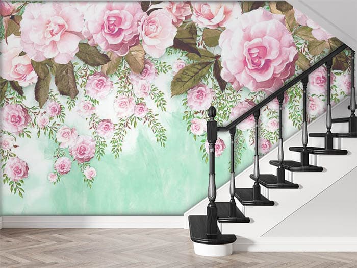 Hanging Pink Roses Wallpaper for Wall shown in a room