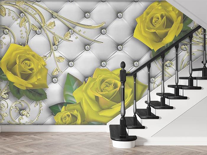 Wallpaper with Silver Background, Yellow Roses, and Gold Stems for Walls shown in a room