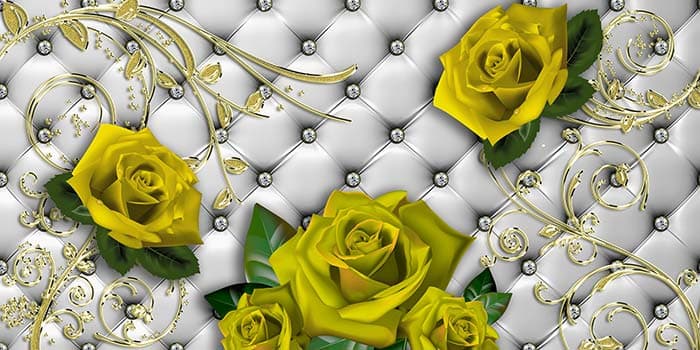 Wallpaper with Silver Background, Yellow Roses, and Gold Stems for Walls pattern detail