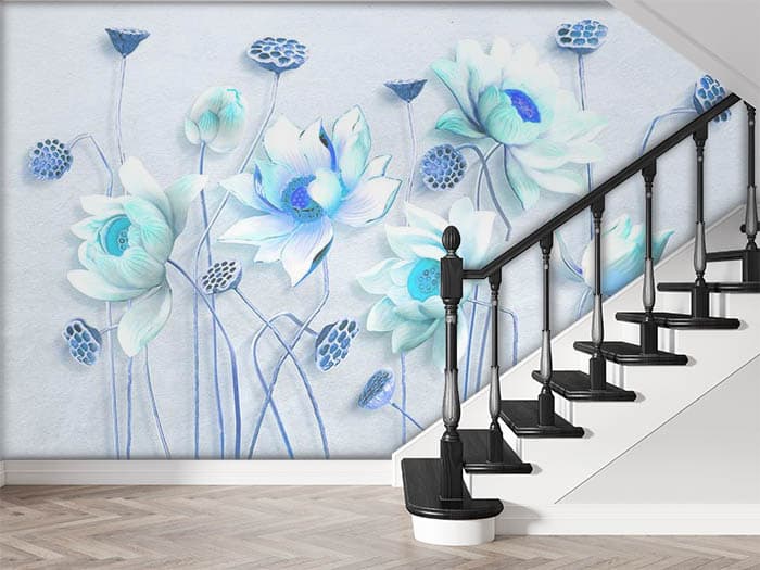 Turquoise Blue Flowers Wallpaper for Wall shown in a room