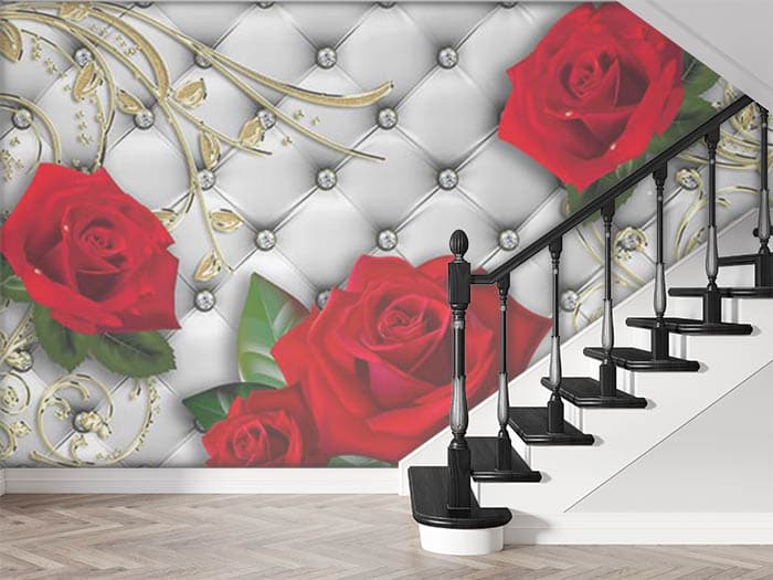 Red Roses and Gold Stems Wallpaper for Wall shown in a room