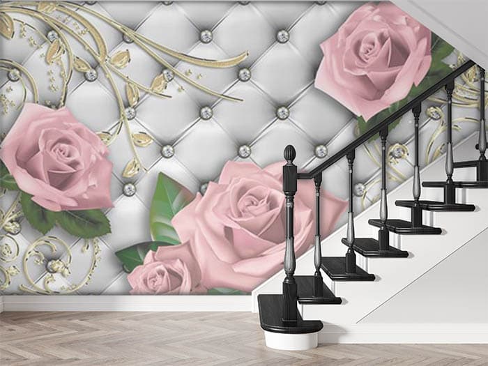 Pink Roses With Gold Stems and Silver Background Wallpaper for Wall shown in a room