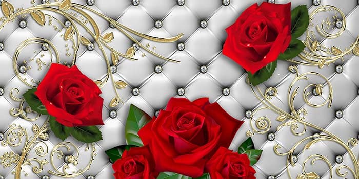 Red Roses and Gold Stems Wallpaper for Wall pattern detail