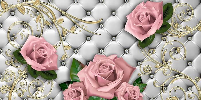Pink Roses With Gold Stems and Silver Background Wallpaper for Wall pattern detail