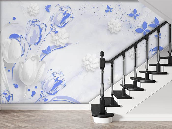 A Wallpaper of White and Blue Flowers and  Butterflies shown in a room