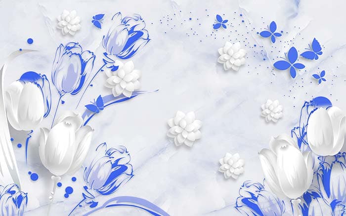 A Wallpaper of White and Blue Flowers and  Butterflies pattern detail