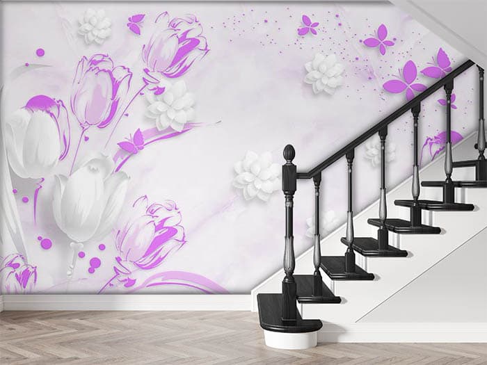Beautiful Purple Butterflies Floral Art Wall Wallpaper shown in a room