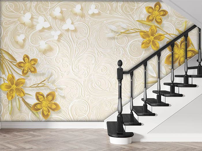 Luxury Yellow Blossoms Wall Mural Wallpaper shown in a room