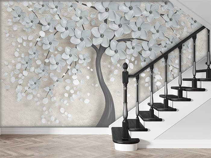 White Blossoms on Black Tree shown in a room