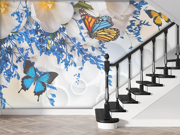 Elegant Blue Botanical Garden and Butterfly Wallpaper shown in a room