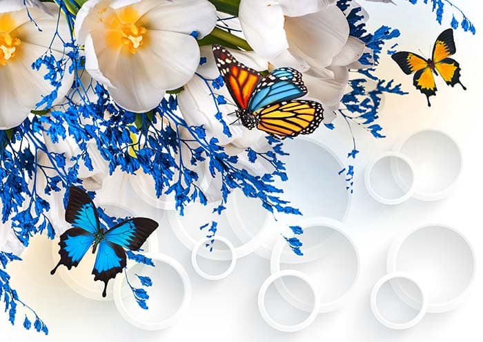 Elegant Blue Botanical Garden and Butterfly Wallpaper pattern detail