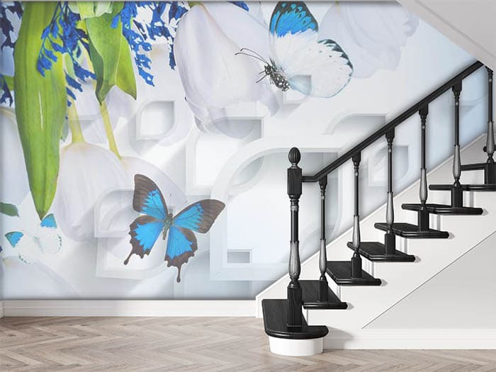 Blue Butterflies Artistic Nature Wallpaper shown in a room