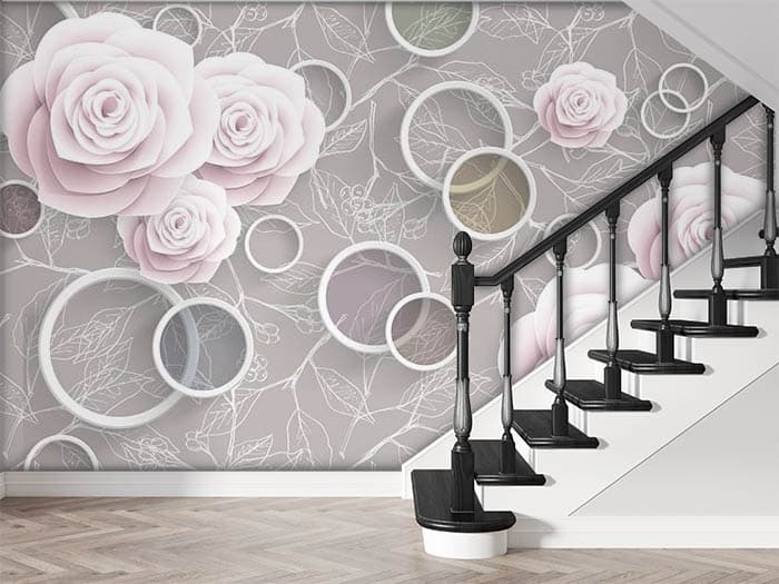 Pastel Pink Roses and 3D Rings Wallpaper for Wall shown in a room