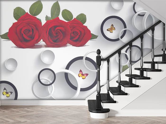3D White Rings and Red Roses Wallpaper for Wall shown in a room