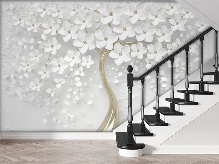 White Petals and Golden Branch Floral Art Wallpaper shown in a room