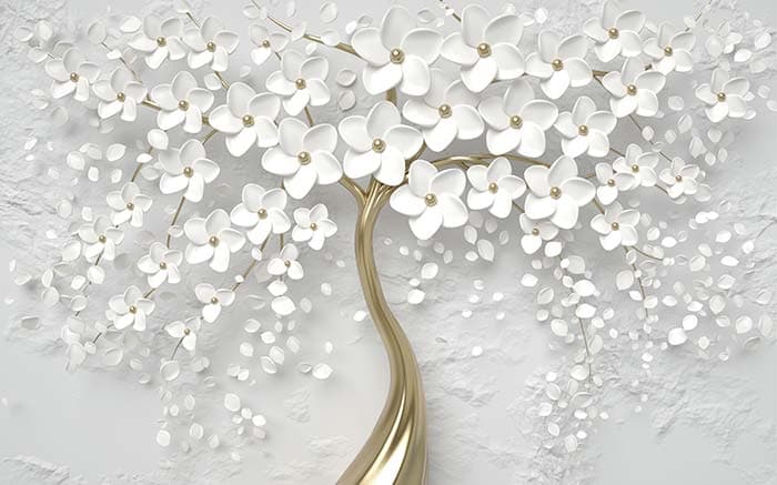 White Petals and Golden Branch Floral Art Wallpaper pattern detail