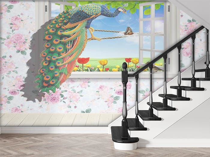 3D Peacock on a Window Wallpaper Mural shown in a room