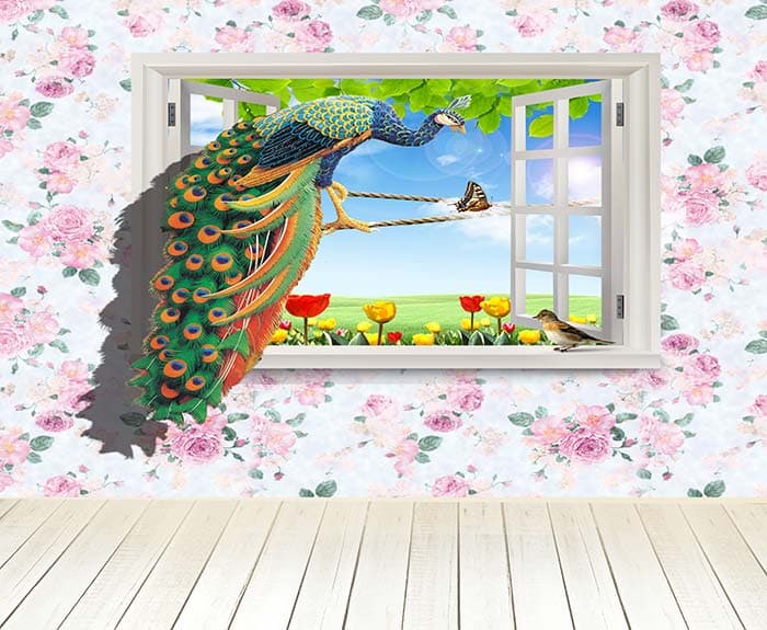 3D Peacock on a Window Wallpaper Mural pattern detail