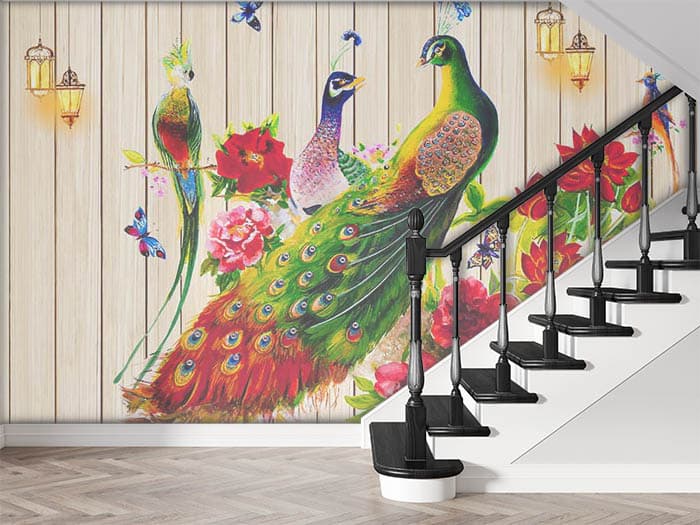 Beautiful Bird Family Floral Art Design wallpaper shown in a room